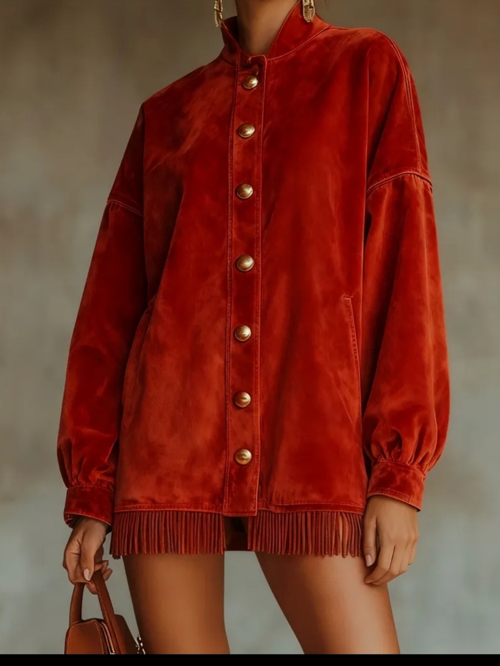 Women’s Rust Velvet Button-Front Jacket with Fringe